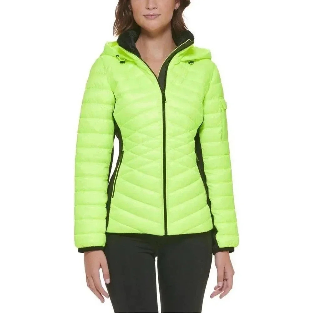 Calvin Klein Hooded Mixed-Media Puffer Jacket -Safety Yellow  NWT